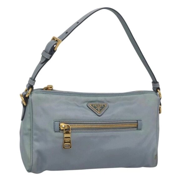 PRADA Shoulder Bag Nylon Light Blue Gold Auth - Picture 1 of 16